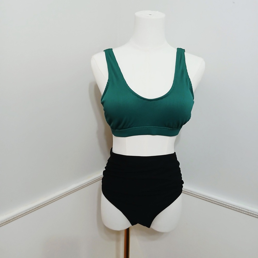Cupshe Womens Green Ribbed‎ Cutout Bikini Top Black High Waist Bottom Set M